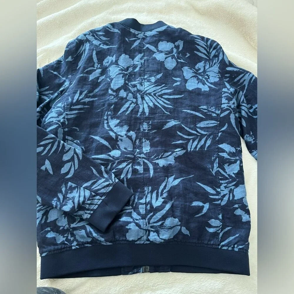 [Tag:L/Ptp:21”]Zara Denim Couture Navy Floral linen Bomber Jacket Lined - Picture 7 of 11